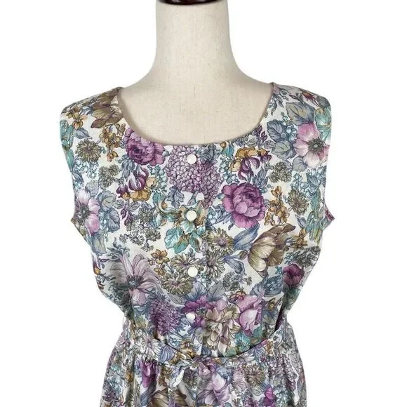 Vintage New Looks Granny floral wide strap belted sundress womens*16 Modest Boho - Picture 10 of 14